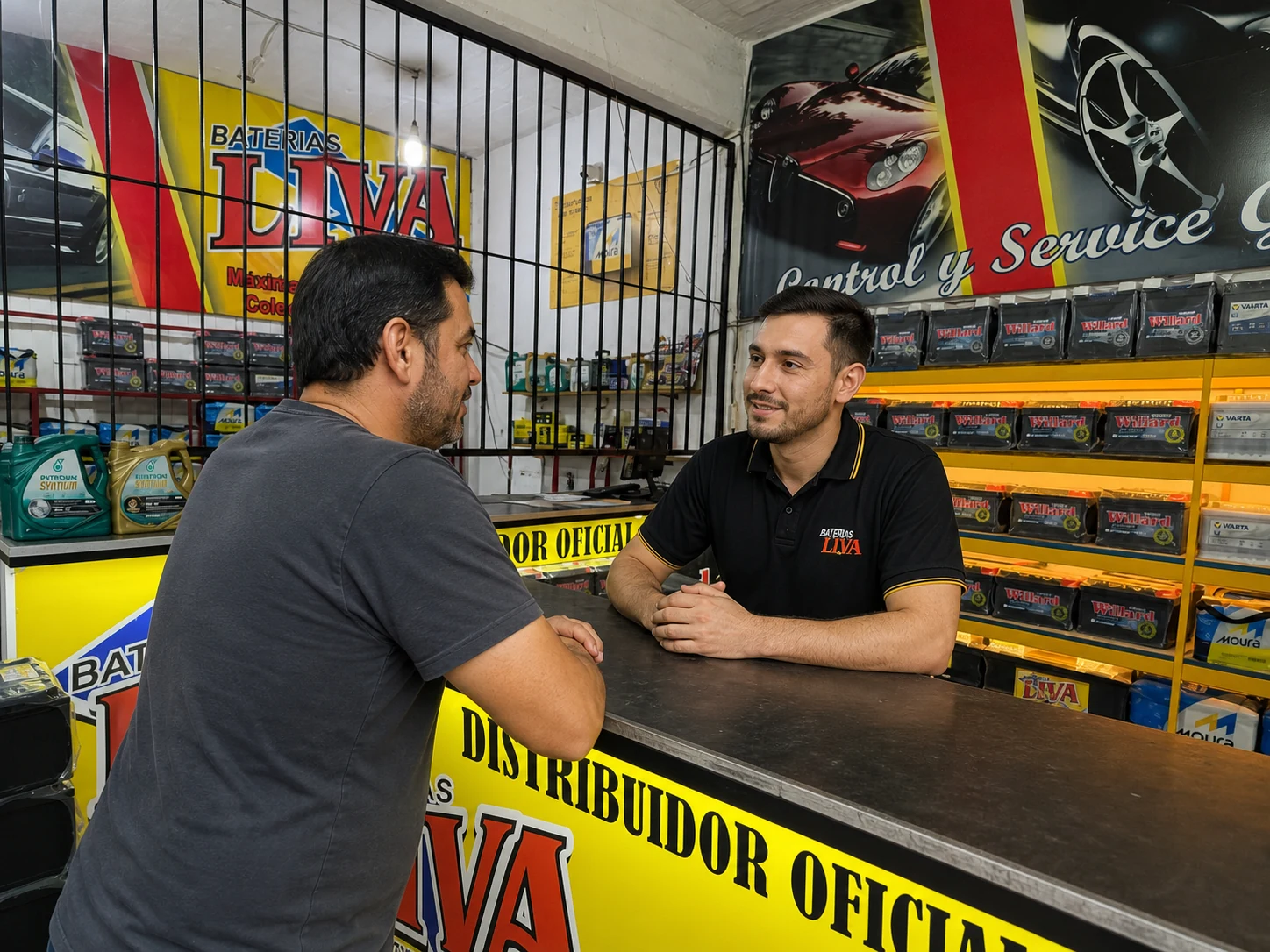Integrante de Baterías Liva atendiendo la consulta de un cliente en el centro de baterías